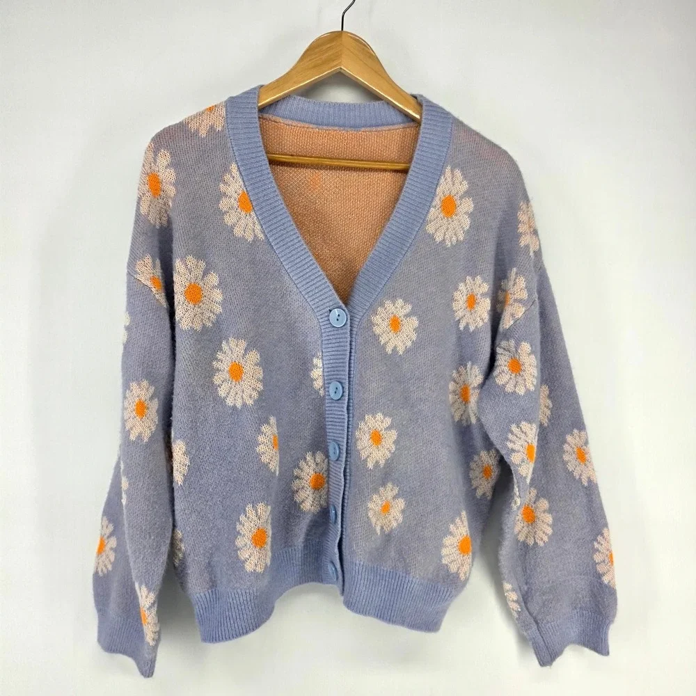 H&M Cardigan Women Large Blue Daisy Floral Roomy V-Neck Knit Button Up Sweater